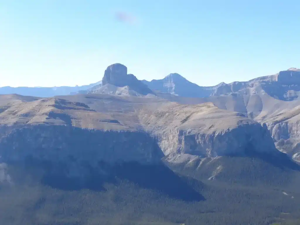 Aerial view of the distinctive flat-topped summit of Devil's Head Mountain in Alberta on an L R Helicopters helicopter tour from Calgary